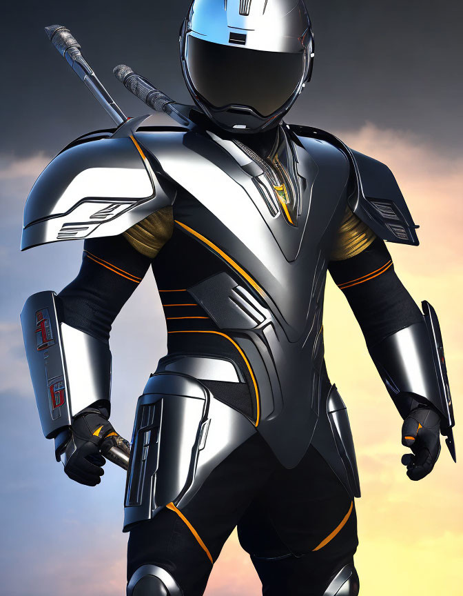 Armored character with reflective helmet and batons on gradient sky background