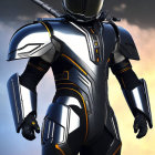 Armored character with reflective helmet and batons on gradient sky background