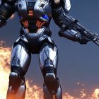 Silver-armored robot in futuristic setting with fiery explosions and gun.