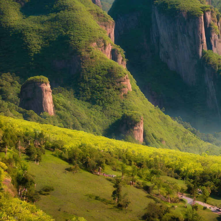 Scenic landscape with towering cliffs, sunlit forest, and winding path