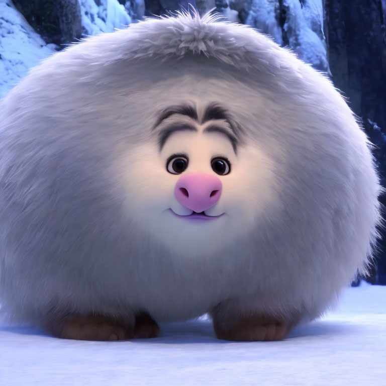 Round fluffy animated creature with big eyes in snowy setting