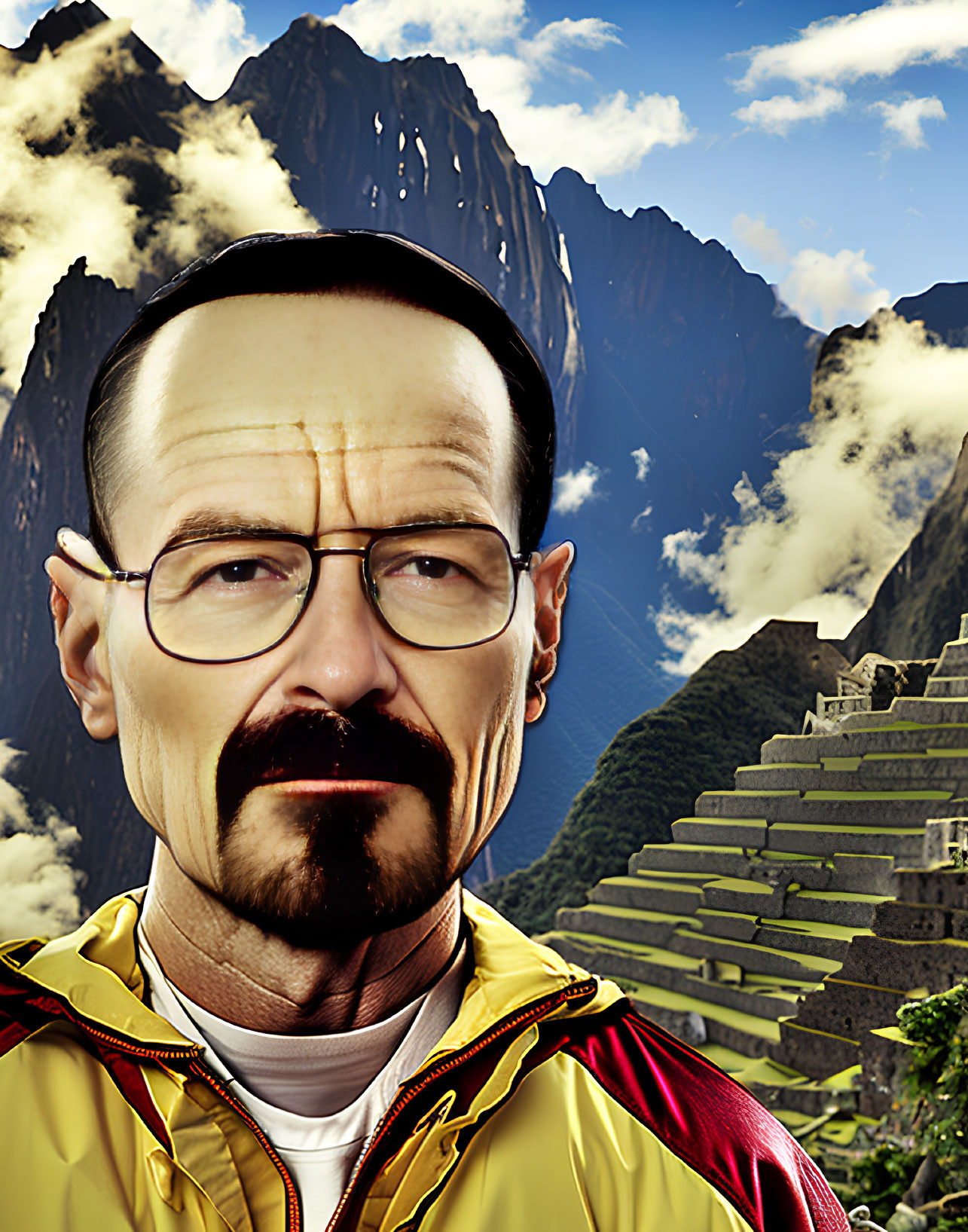 Man with glasses and goatee overlaid on Machu Picchu with dramatic sky.