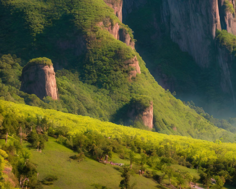 Scenic landscape with towering cliffs, sunlit forest, and winding path