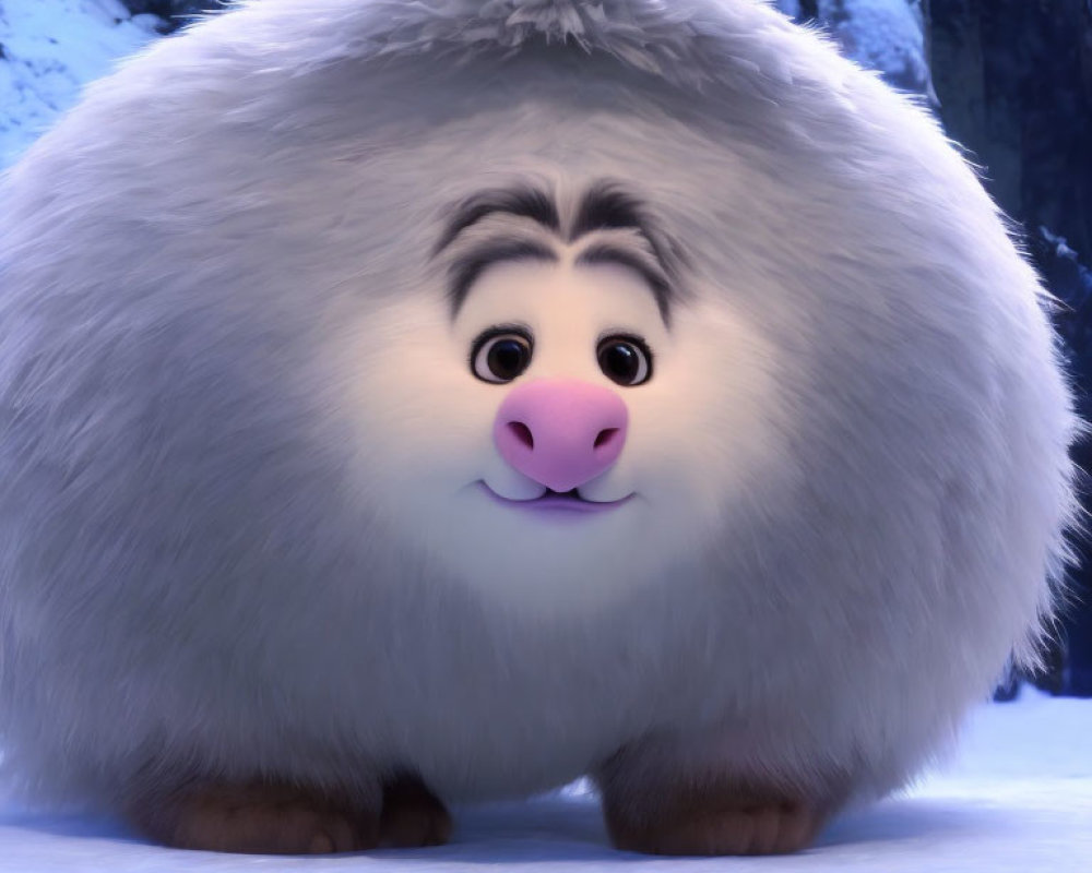 Round fluffy animated creature with big eyes in snowy setting