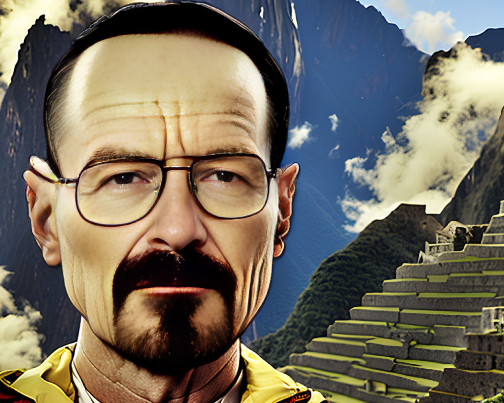 Man with glasses and goatee overlaid on Machu Picchu with dramatic sky.