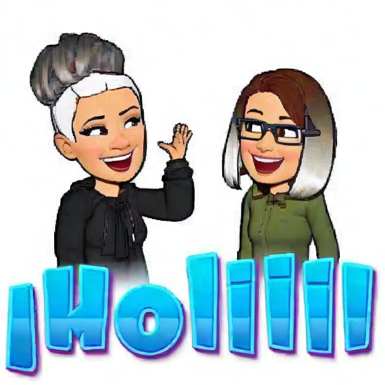 Two smiling animated avatars with bun and glasses and short hair, waving, ¡Hola! text below