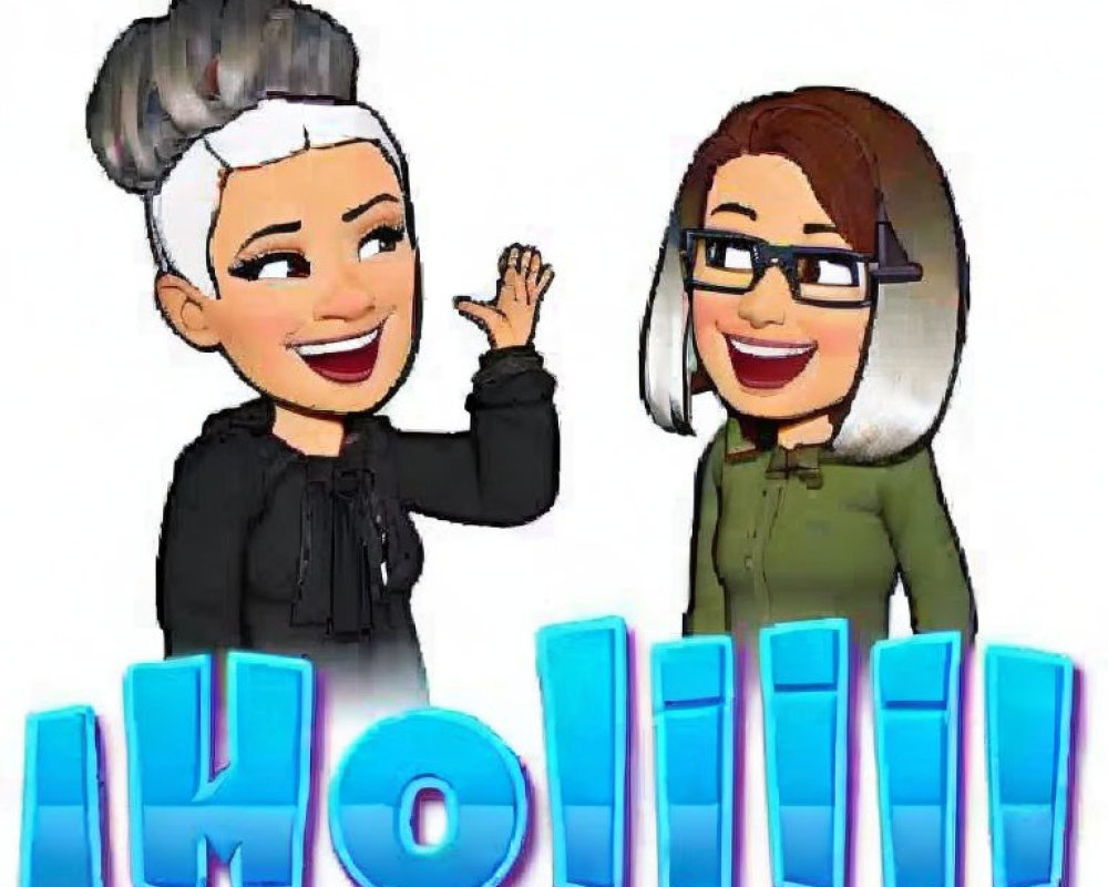 Two smiling animated avatars with bun and glasses and short hair, waving, ¡Hola! text below