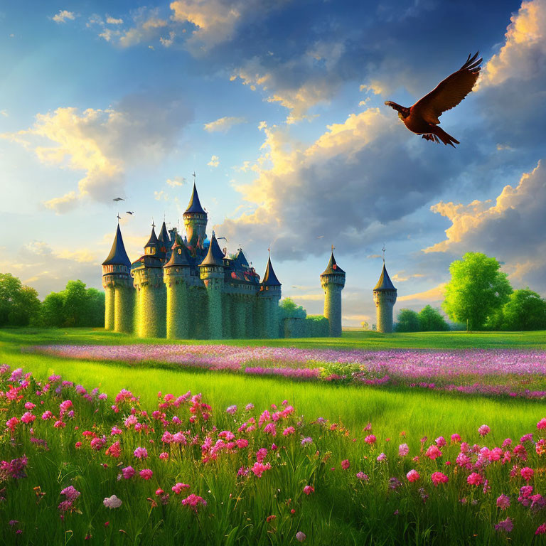 Majestic castle in lush meadow with blooming flowers and soaring bird