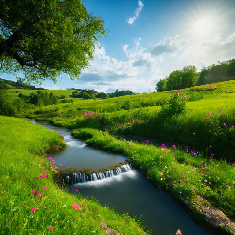 Tranquil stream flowing through sunny meadow with wildflowers and tree shading.