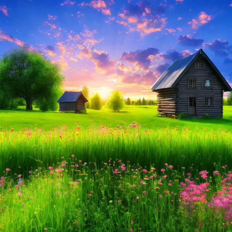 Rural wooden cabin in lush meadow at sunset