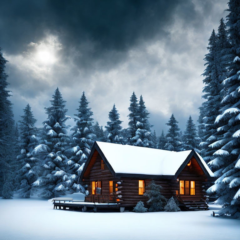 Snowy forest log cabin with glowing windows in dramatic dusk scene