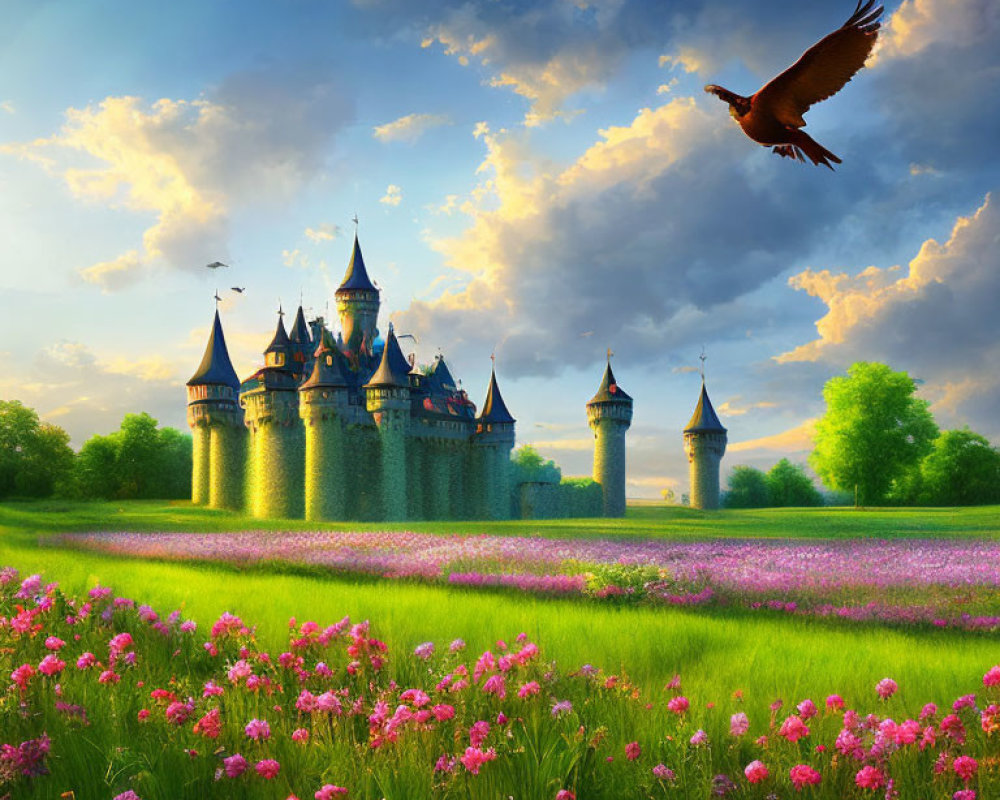 Majestic castle in lush meadow with blooming flowers and soaring bird