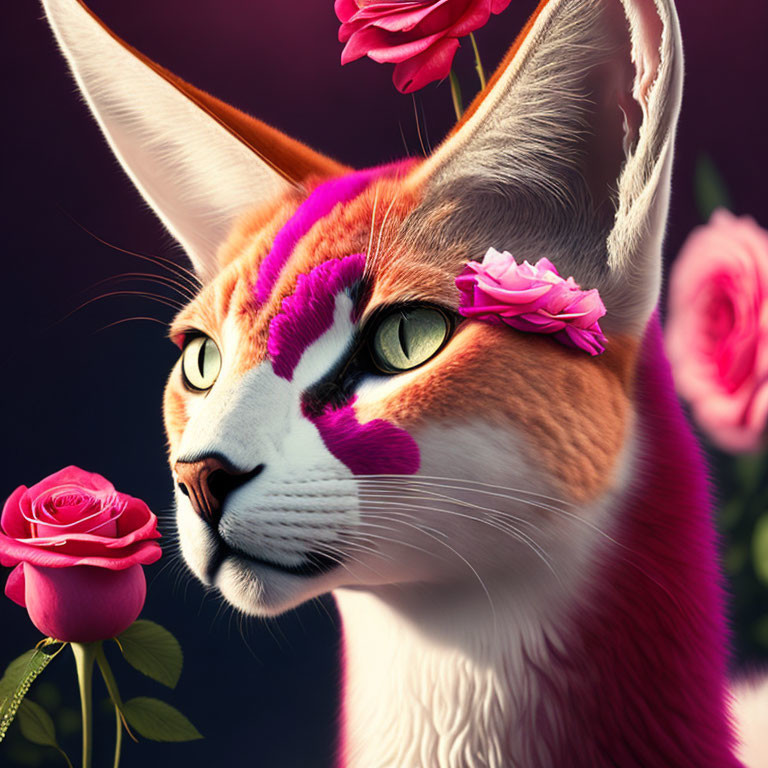 Exaggerated Cat Art with Pink Roses on Dark Background