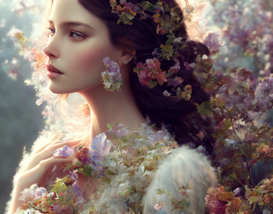 Profile of serene woman with pastel flowers and floral hair adornments.