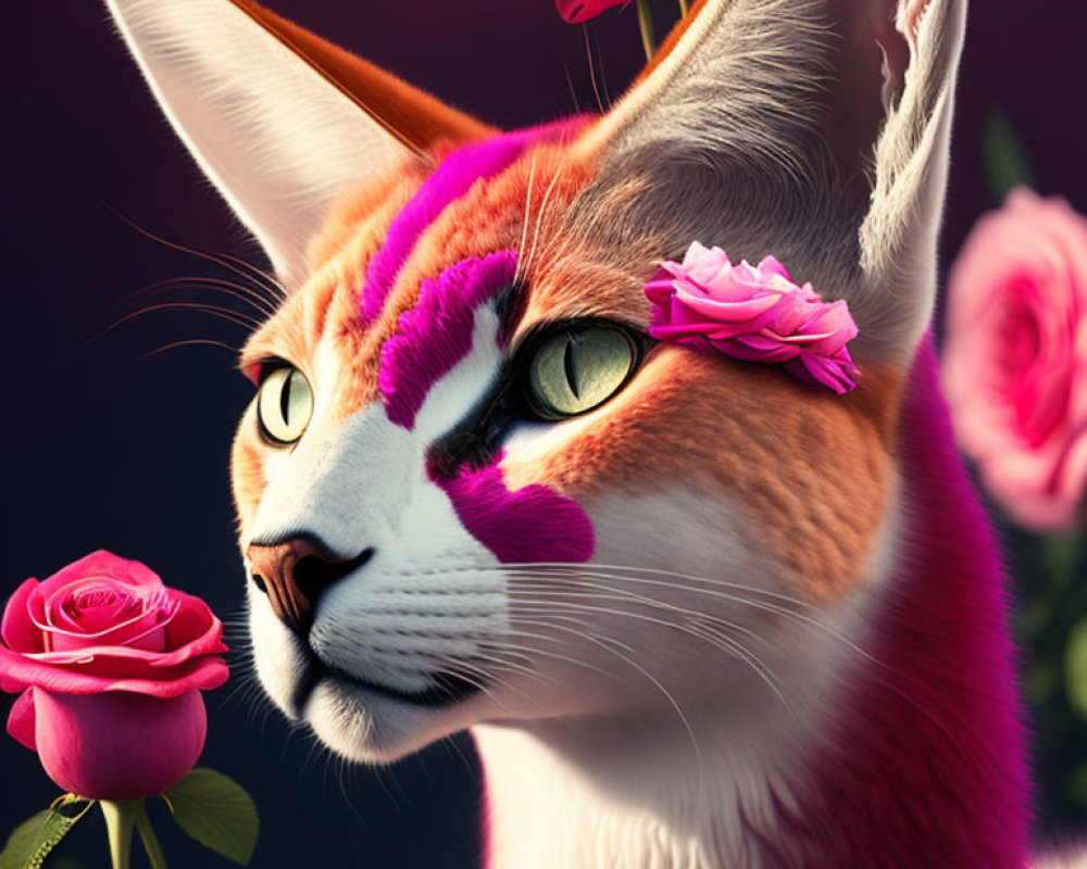 Exaggerated Cat Art with Pink Roses on Dark Background