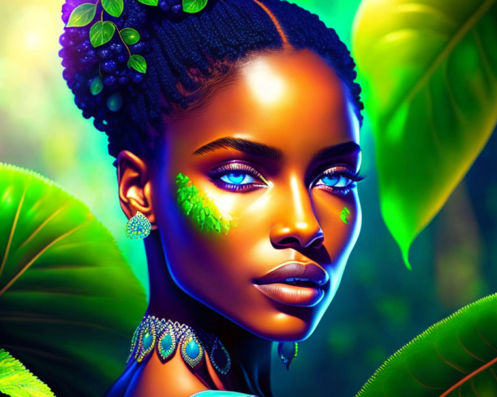 Colorful illustration of woman with blue skin and leafy accessories in nature scene