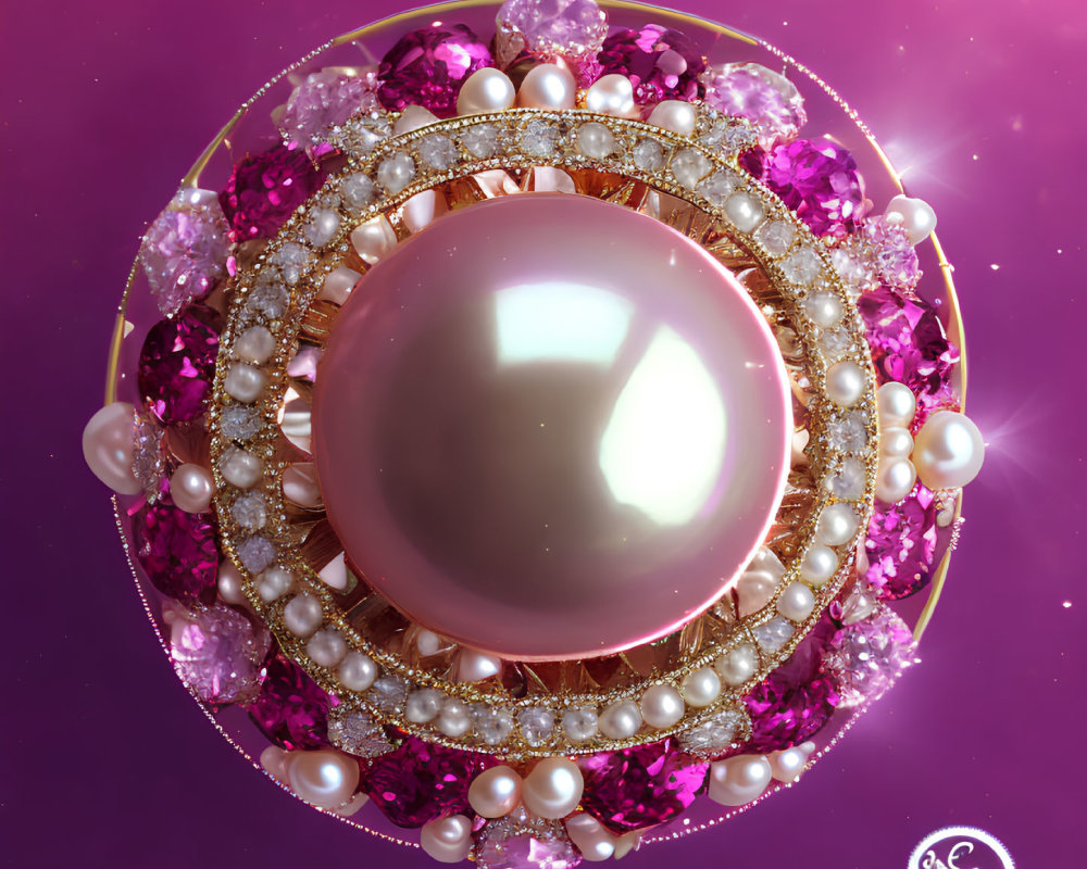 Brooch with Central Pearl, Pink Gemstones, Diamonds, and Gold on Purple Background