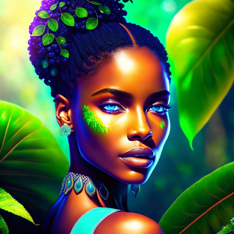 Colorful illustration of woman with blue skin and leafy accessories in nature scene