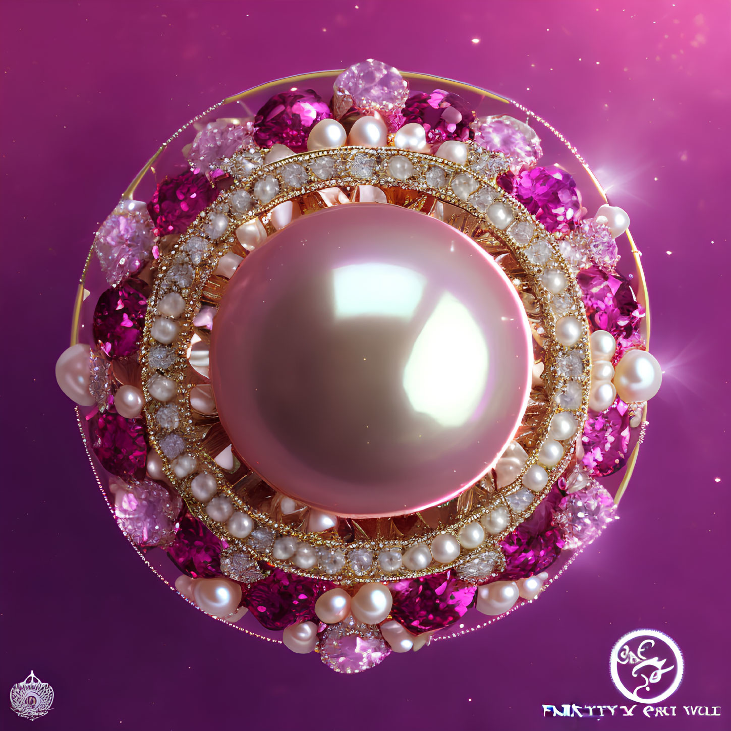 Brooch with Central Pearl, Pink Gemstones, Diamonds, and Gold on Purple Background