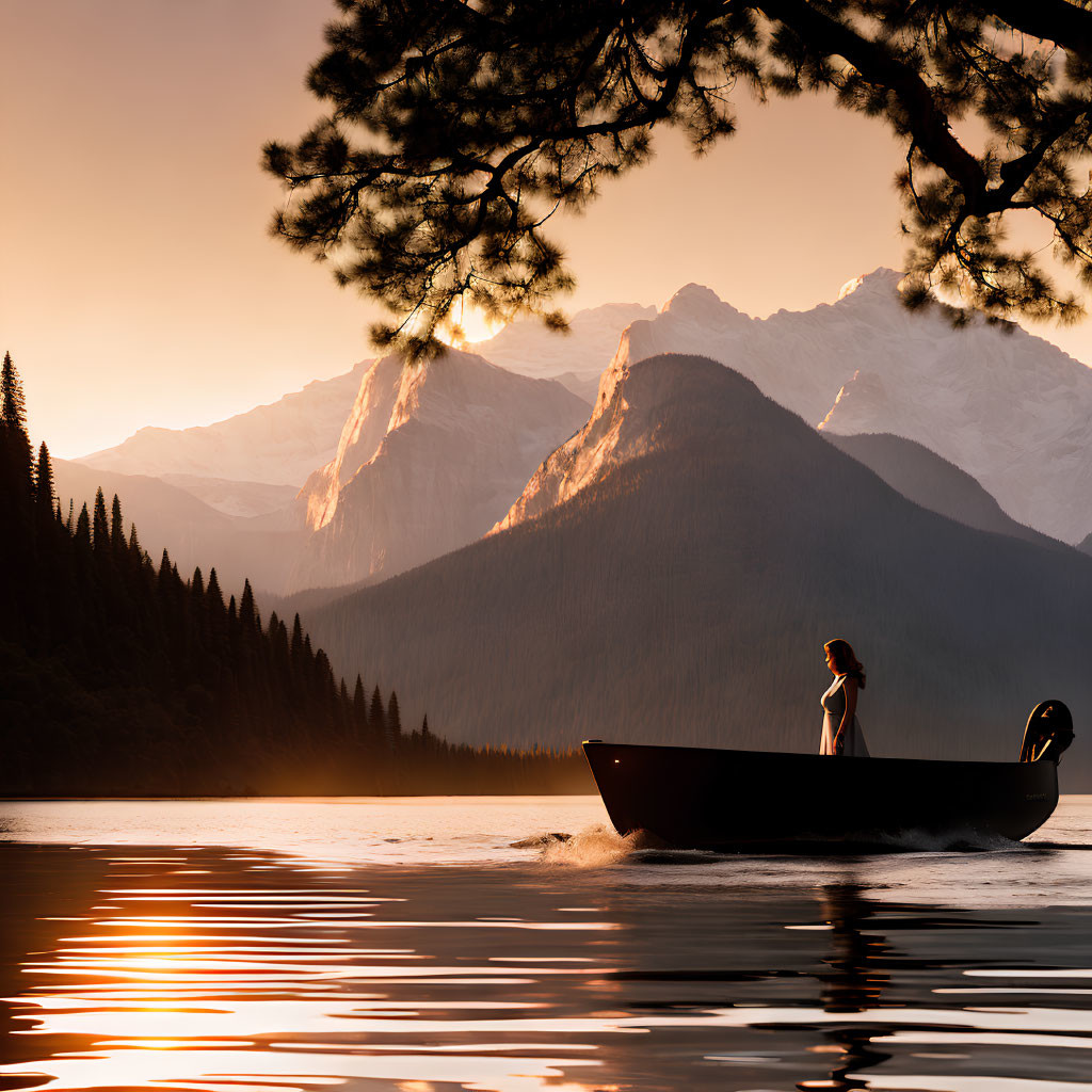 Person standing in boat on calm lake at sunset with mountains and trees