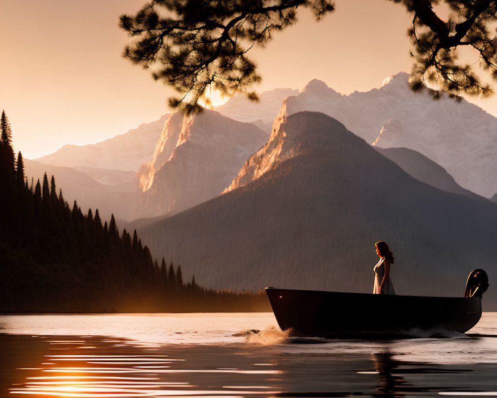 Person standing in boat on calm lake at sunset with mountains and trees