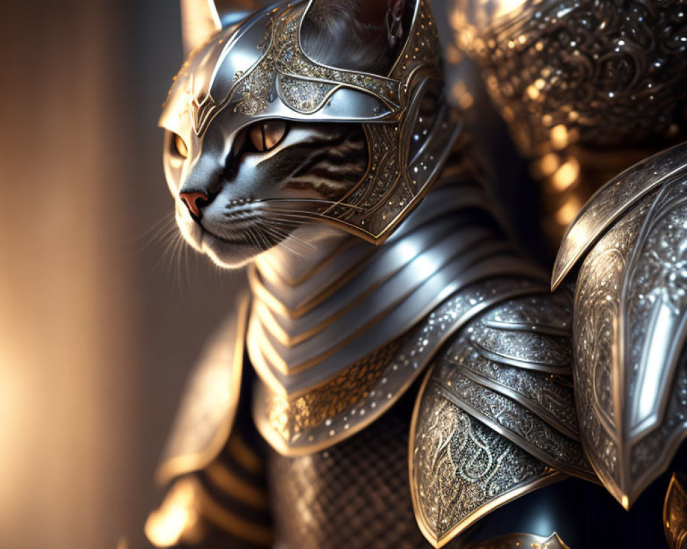 3D-rendered cat in ornate medieval armor with intricate designs