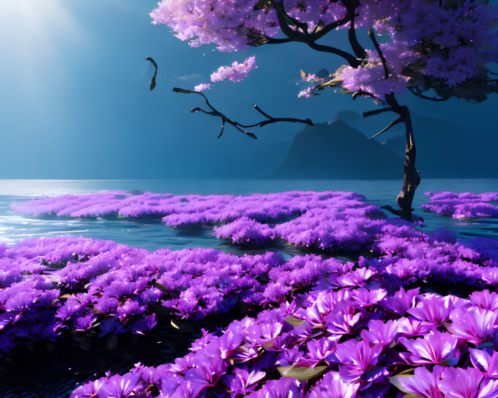 Scenic lakeside view with purple flowers, cherry tree, and mountain backdrop