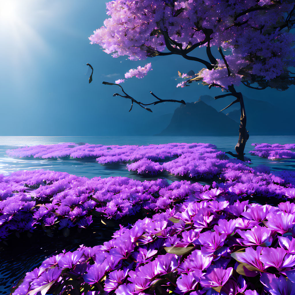 Scenic lakeside view with purple flowers, cherry tree, and mountain backdrop