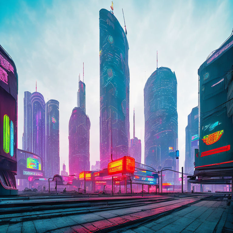 Futuristic cityscape with neon signs and skyscrapers in misty dusk.