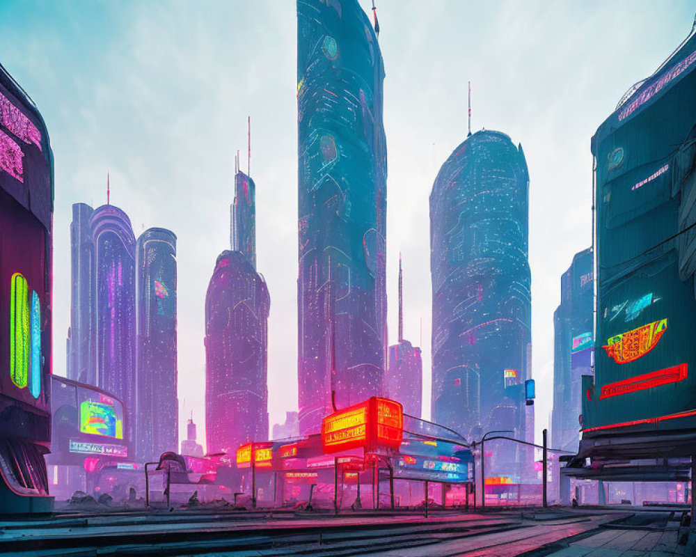 Futuristic cityscape with neon signs and skyscrapers in misty dusk.