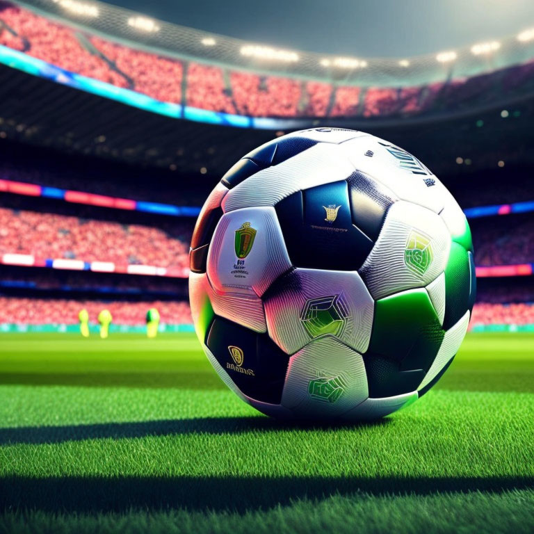 Soccer ball close-up on grass field with players and stadium in background