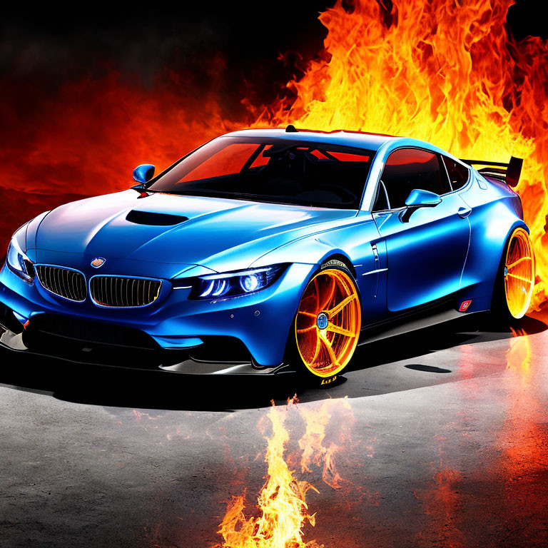 Blue sports car with orange rims speeding with stylized flames on dark background