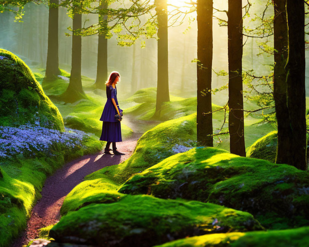 Woman in Blue Dress Stands in Forest Setting