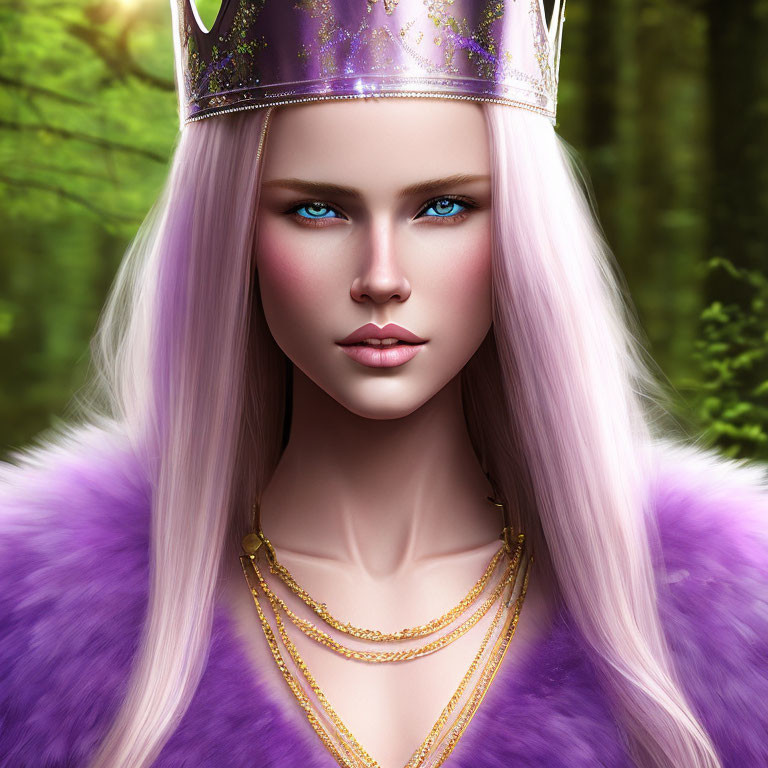 Digital portrait: Woman with blue eyes, pink-white hair, golden crown, purple fur, in forest