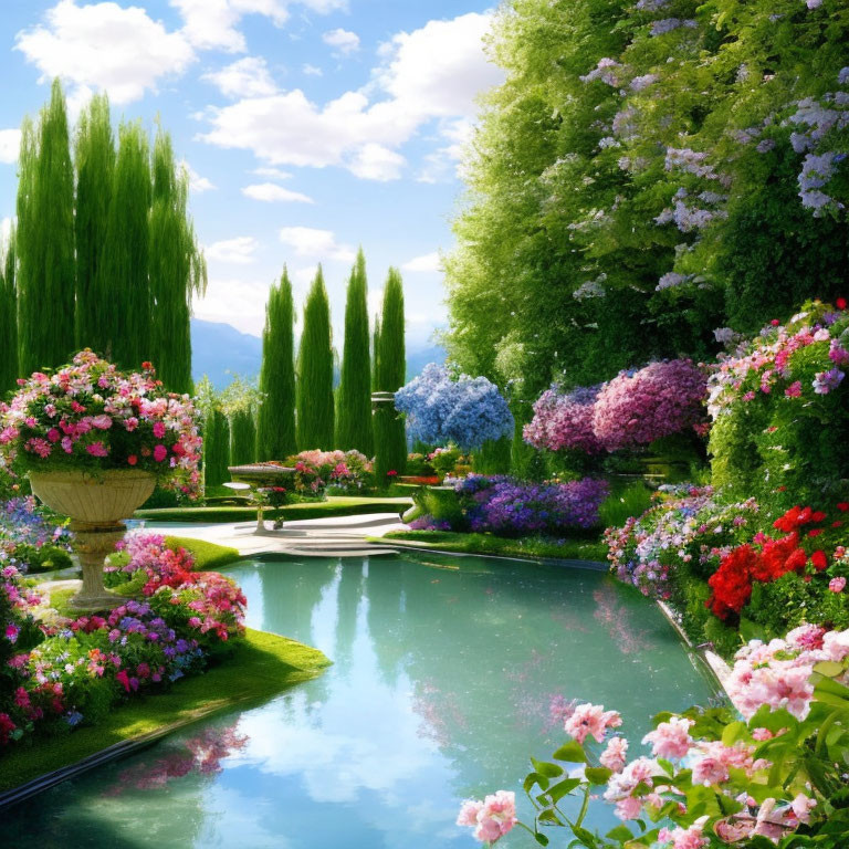 Tranquil garden with vibrant flowers, manicured shrubs, and reflecting pool