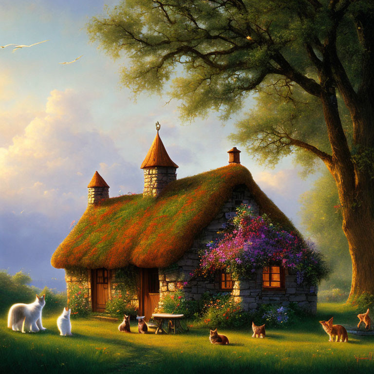 Thatched roof cottage in lush greenery with cats at dusk