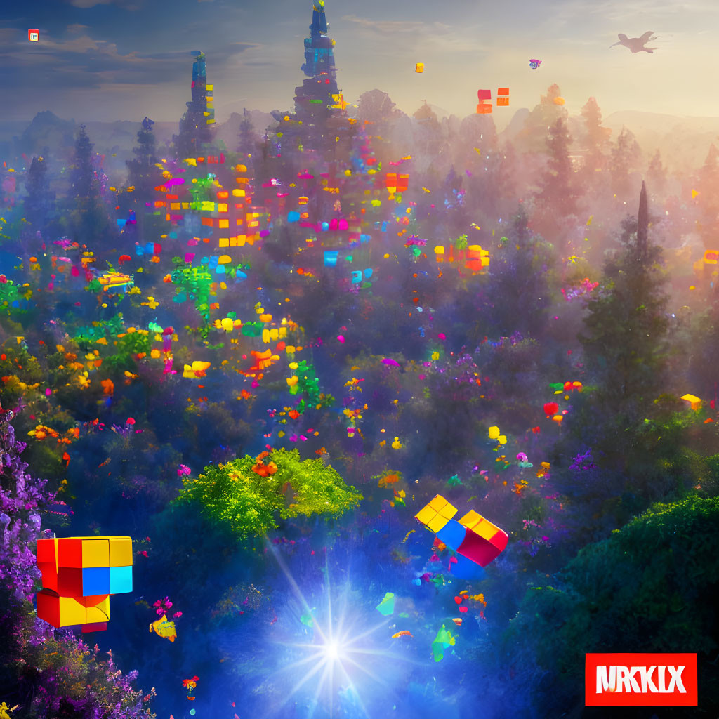 Colorful Landscape with Floating Cubes and Glowing Light Source