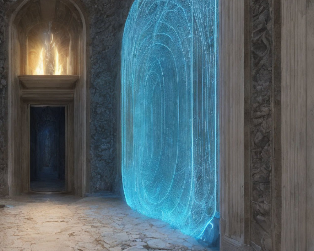 Stone corridor with glowing blue magical portal and lit room door