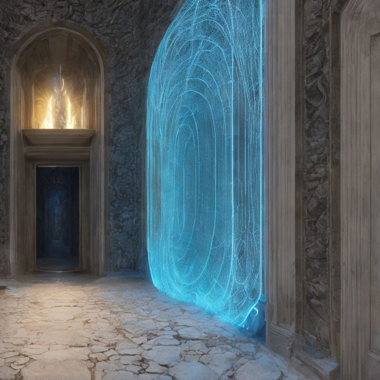 Stone corridor with glowing blue magical portal and lit room door