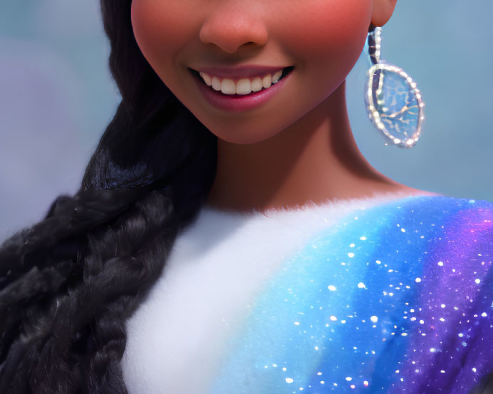 Animated young girl in blue and white dress with braided hair and hoop earrings