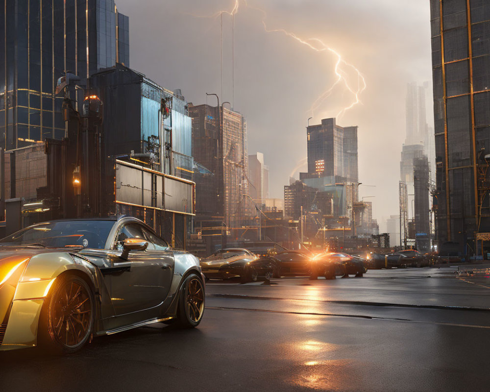 Sleek sports car on wet city street with lightning and skyscrapers