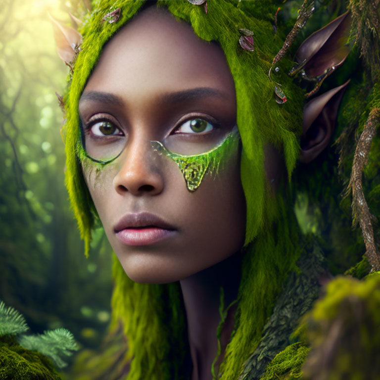 Fantasy-themed makeup portrait of a woman with forest creature elements