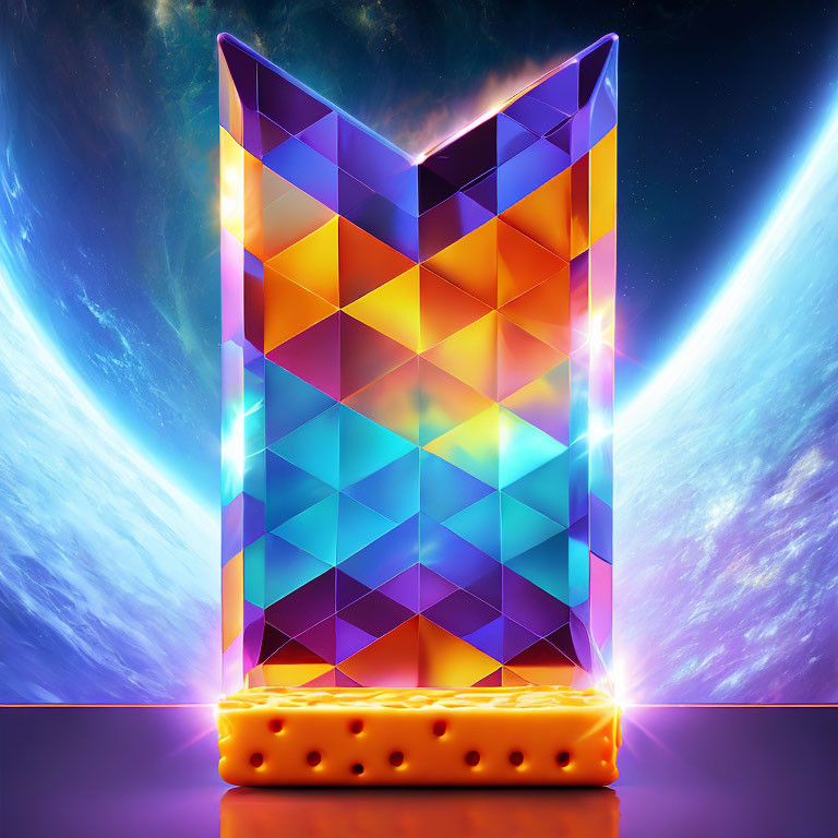 Colorful 3D digital art of glowing chevron shape in cosmic setting