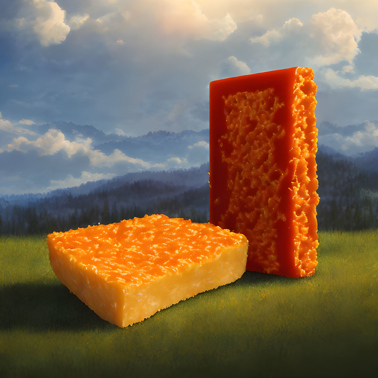 Giant Orange Cheese in Grassy Field with Forest and Mountains