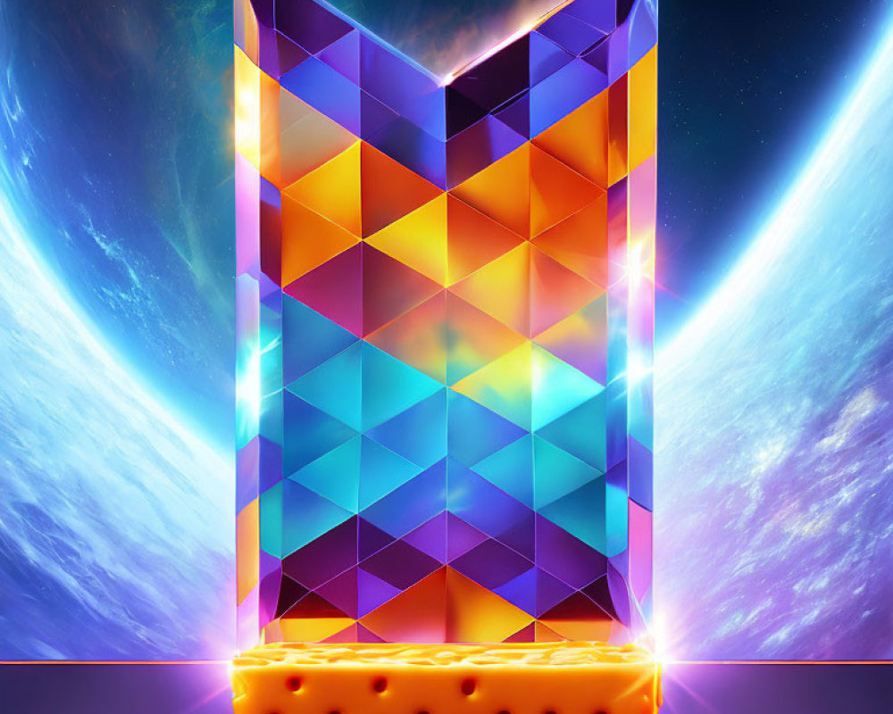 Colorful 3D digital art of glowing chevron shape in cosmic setting