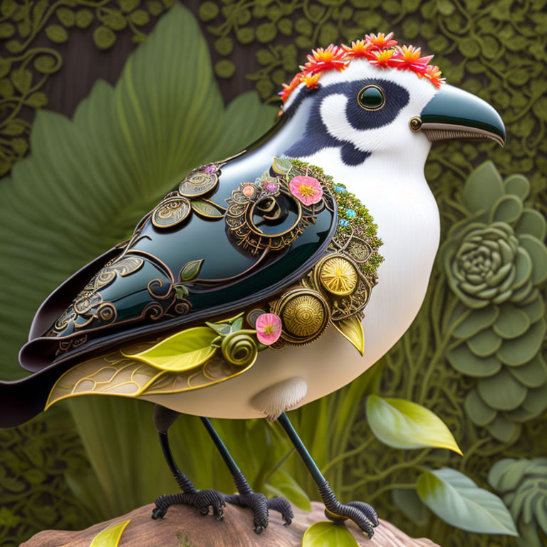 Stylized bird sculpture with mechanical and floral elements on leafy background