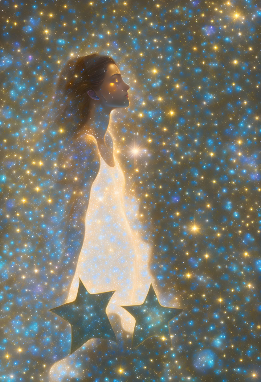 Starry silhouette of a woman in cosmic background