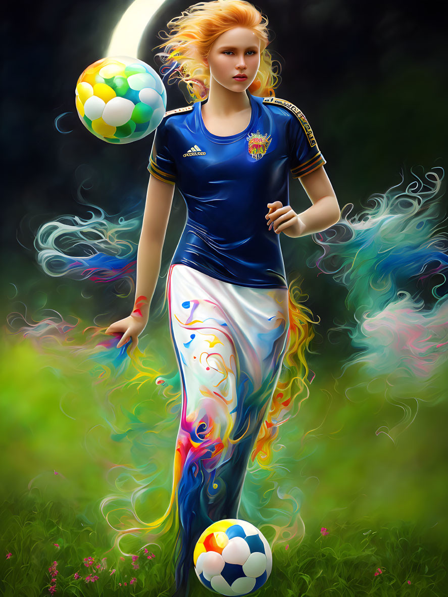 Colorful digital artwork: Woman in vibrant soccer uniform with flowing patterns, holding ball on grass