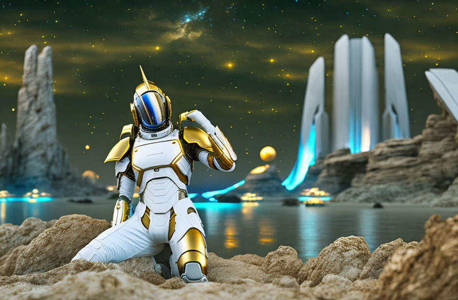 Astronaut in white and gold suit on rocky terrain with futuristic structures and starry sky