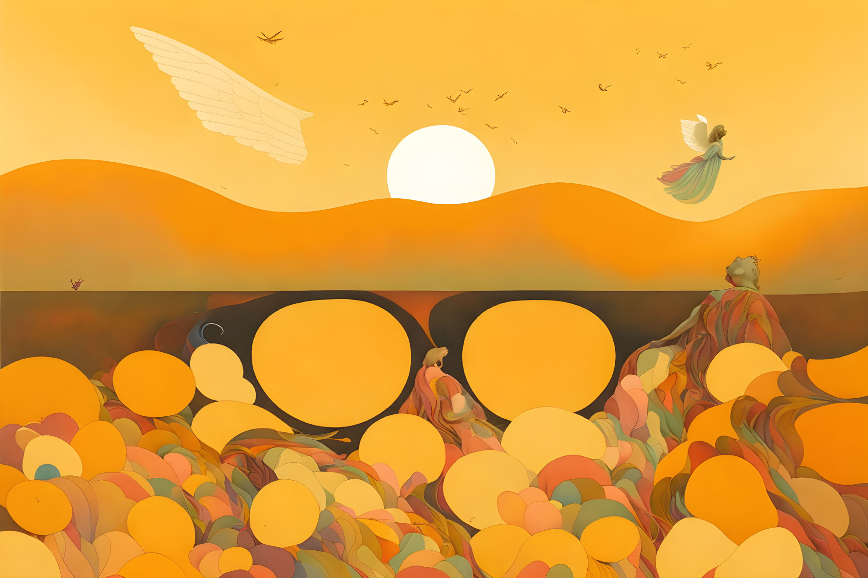 Surreal warm-toned landscape with fruits, winged figure, and birds